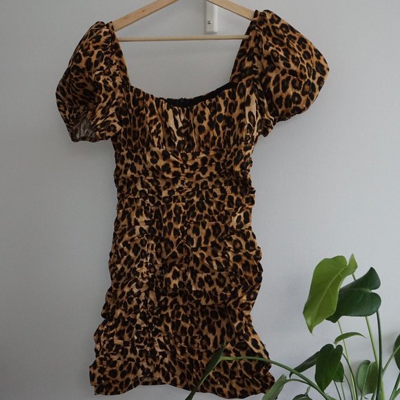 Zara Leopard Print Puff Sleeve Ruched Dress - Picture 2 of 5